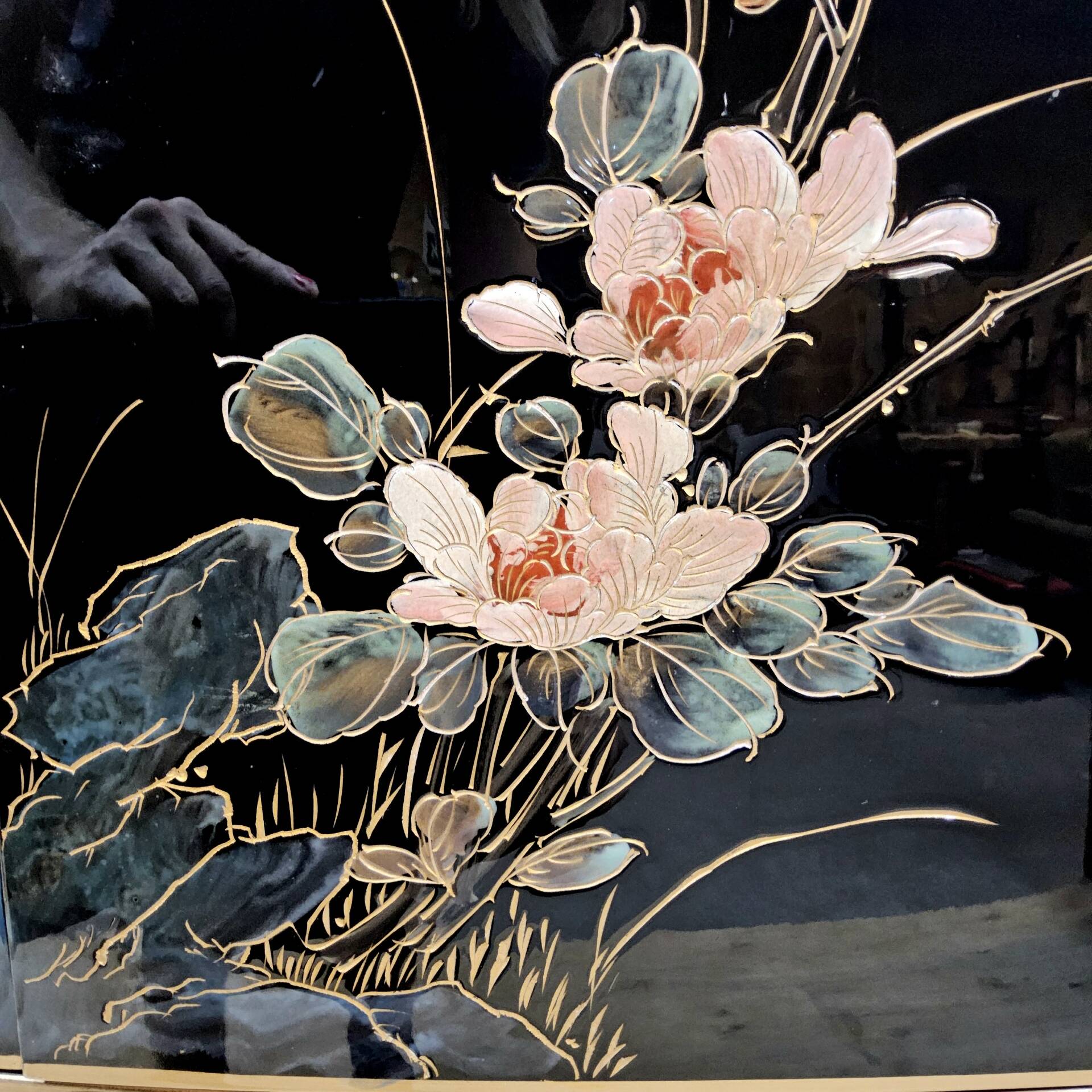Vintage Chinese lacquer cabinet with black flowers and birds / bohemian