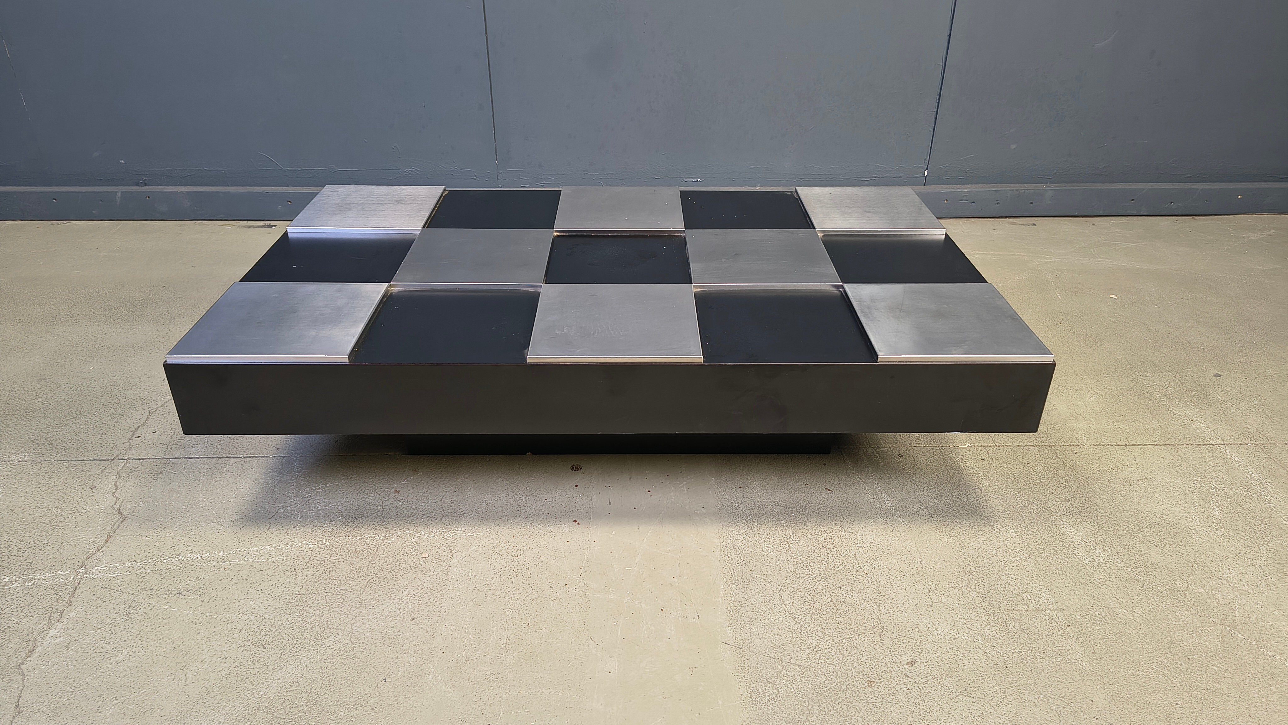 Vintage lacquer and aluminum checkerboard coffee table, 1970s
