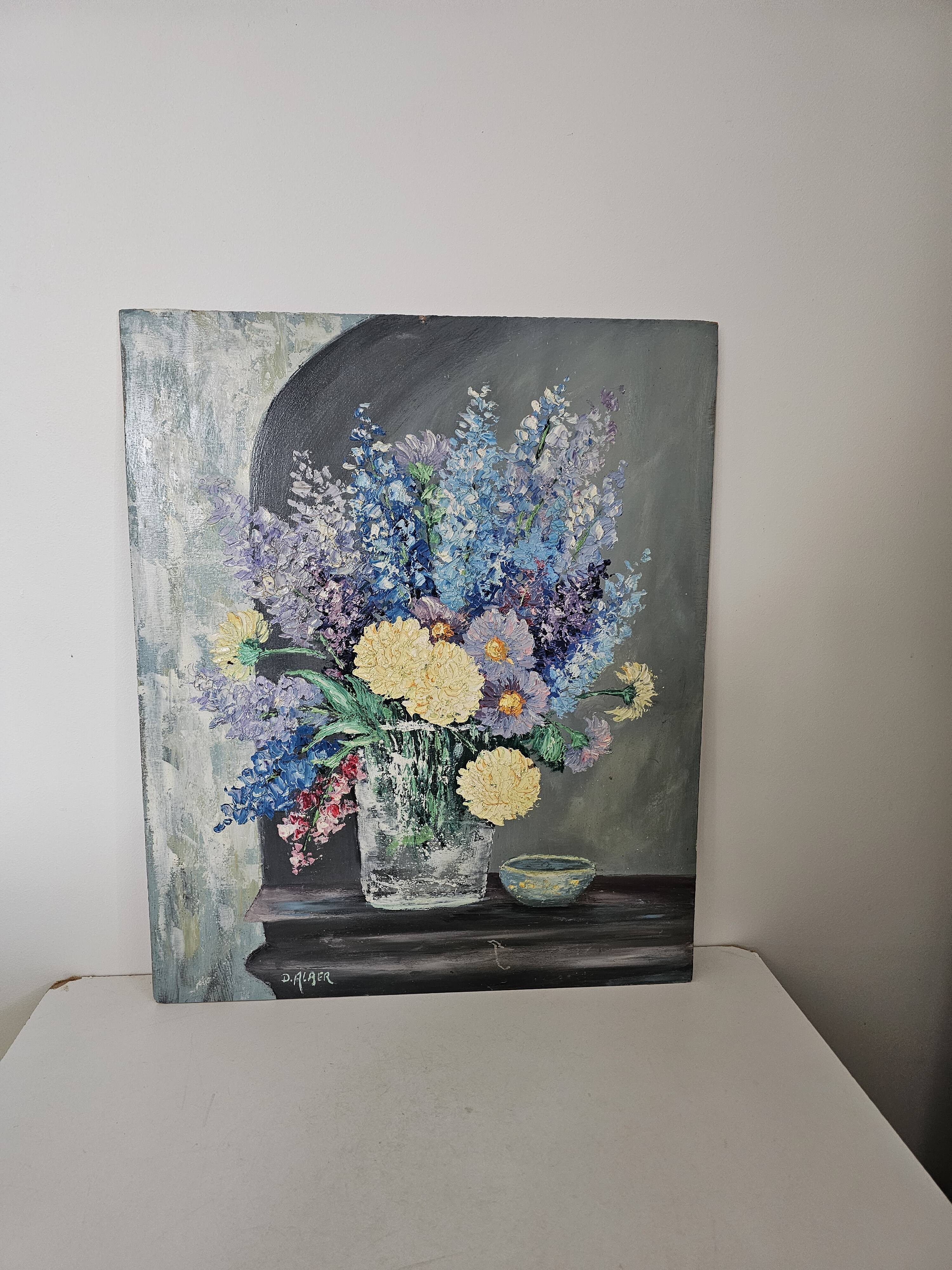 Oil on panel painting - still life flowers lilacs dahlias signed d alrer