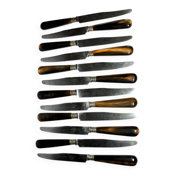 12 couteaux de table en corne et lame en acier forgé PV Paris, 1900