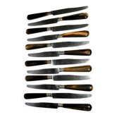 Set of 12 antique table knives from 1900 with horn handles and forged steel blades, Paris, 24.5 cm long.