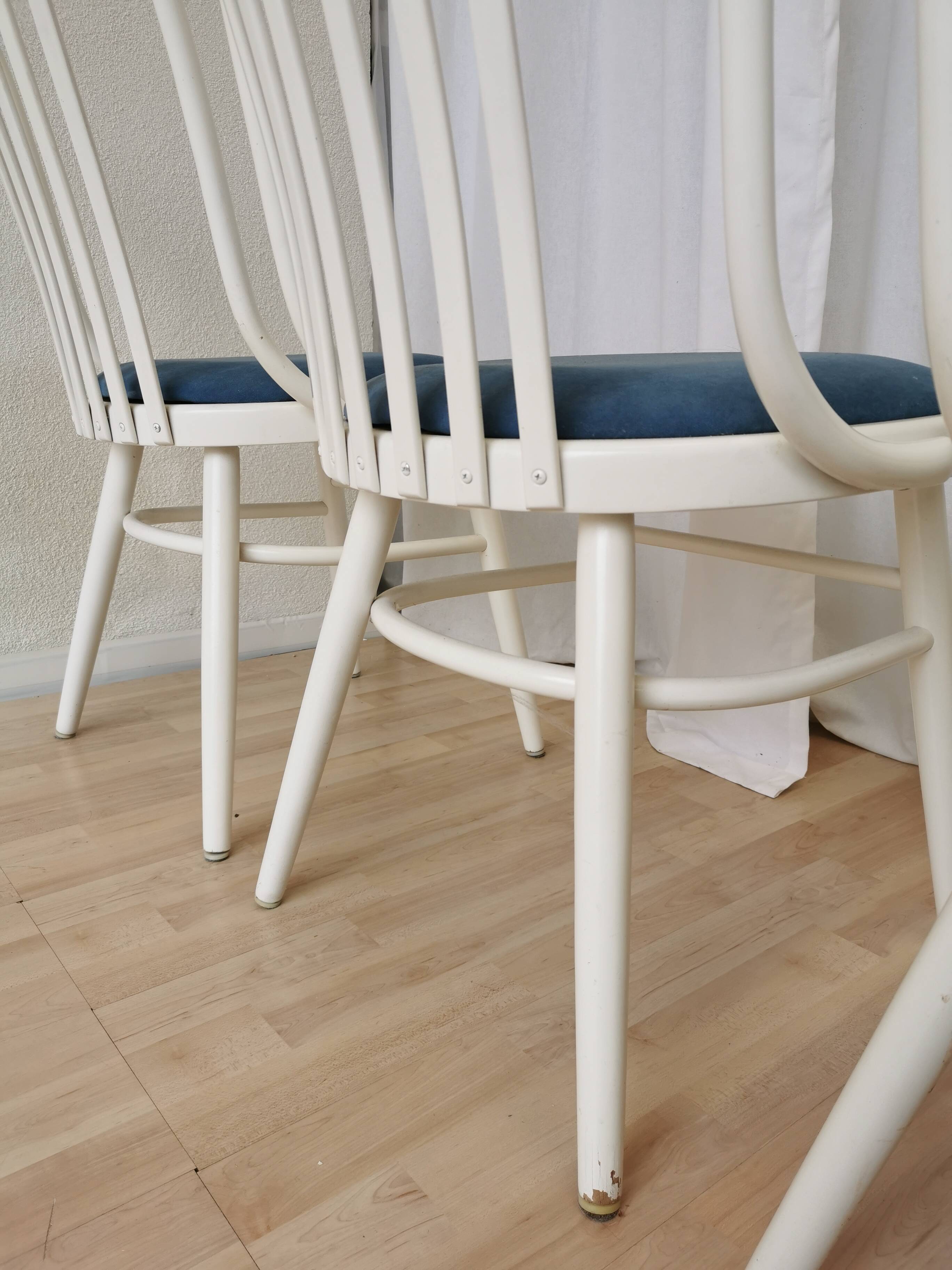 Set of 4 Vintage Bentwood White Dining Chairs in Ligna Style wit Blue Seat