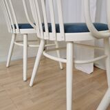 Set of 4 Vintage Bentwood White Dining Chairs in Ligna Style wit Blue Seat