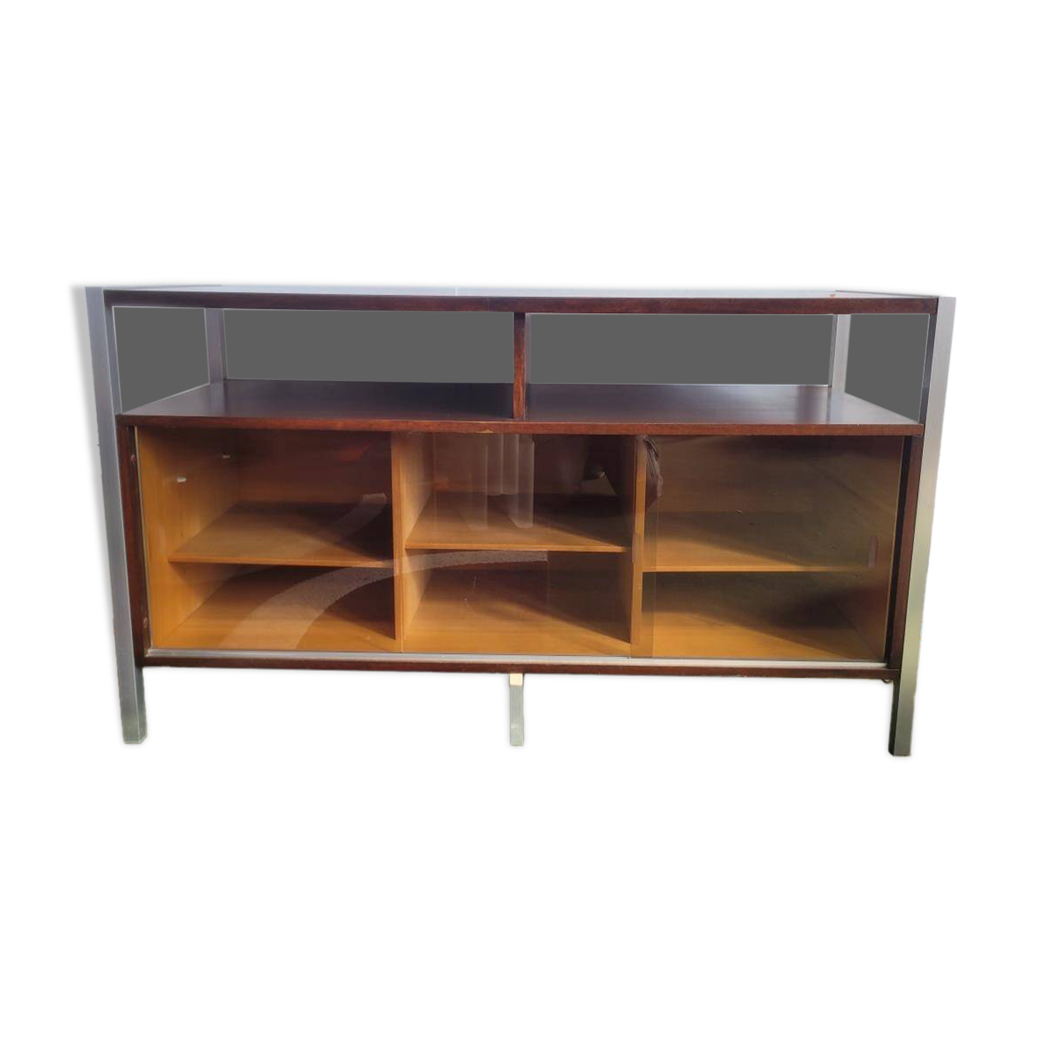 Hi-Fi cabinet in wood, brushed aluminum, smoked glass - 1970s