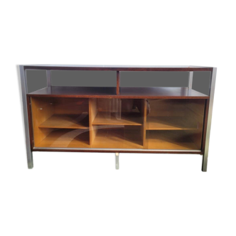 Buffet, meuble HI-FI en bois, aluminium brossé et verre fumé, années 70