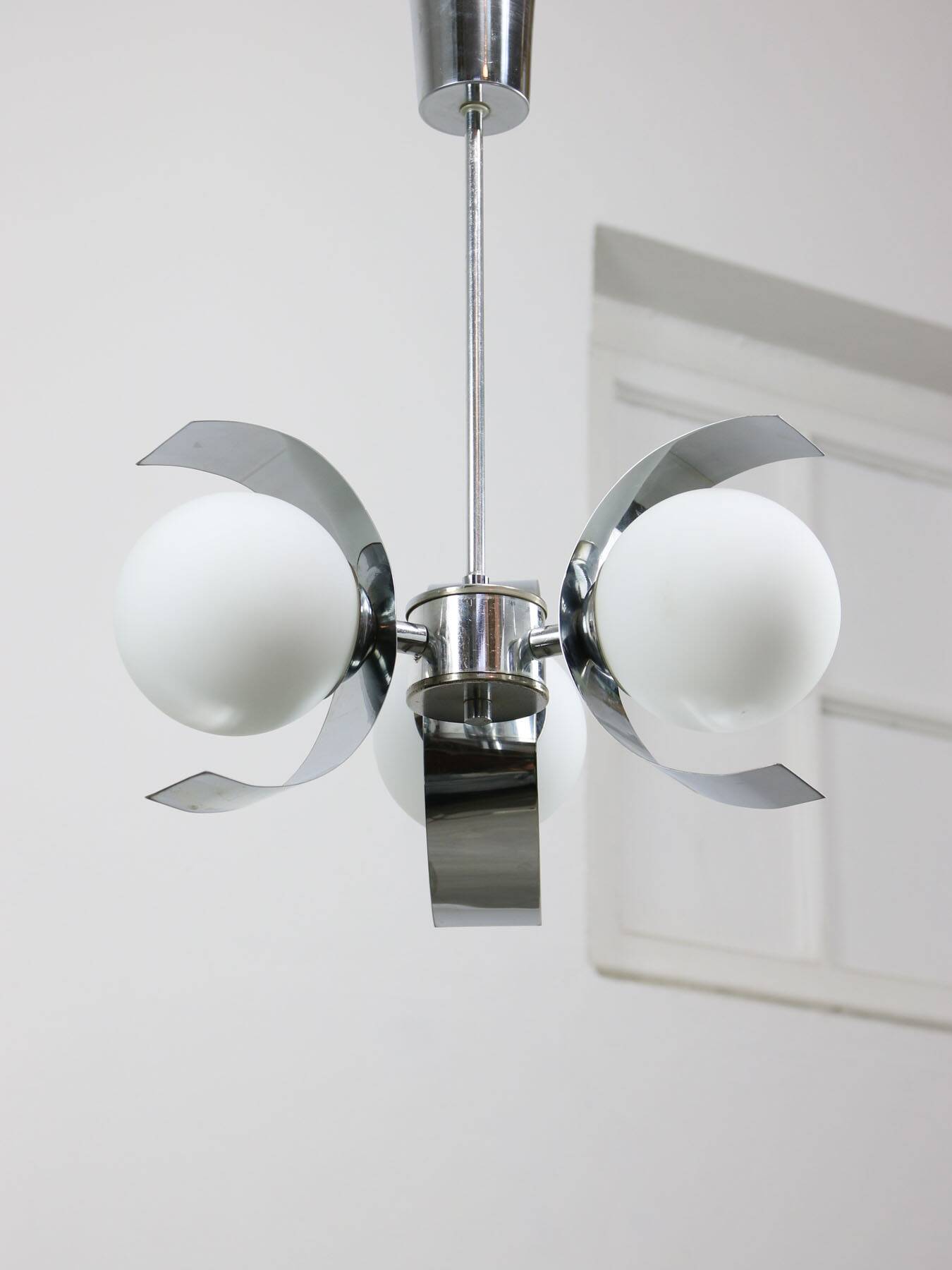 Vintage italian chrome and opaline chandelier, 70s