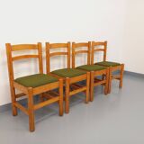 Set of 4 vintage chairs in pine and khaki green bouclette fabric from the 70s