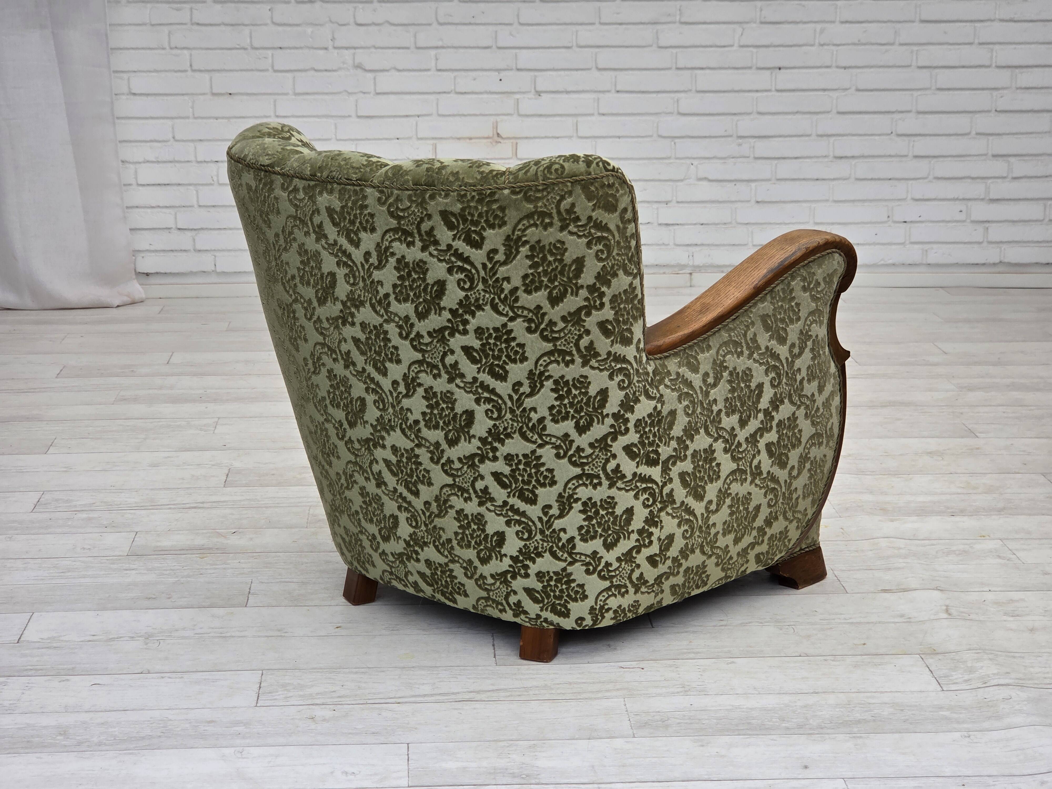 1960s, Danish armchair, green furniture velour, solid oak wood.