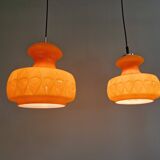 Pair of Space Age pendant lights in orange opaline, Peill & Putzler, 1970