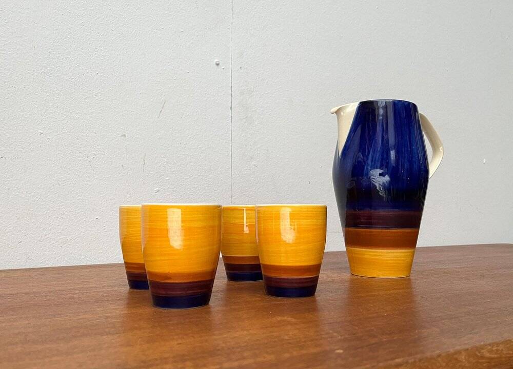 Mid-century hand-painted German décor, ceramic jug 507 with cups from Stützel & Sachs Aalen Keramik, 1960s, set of 5.