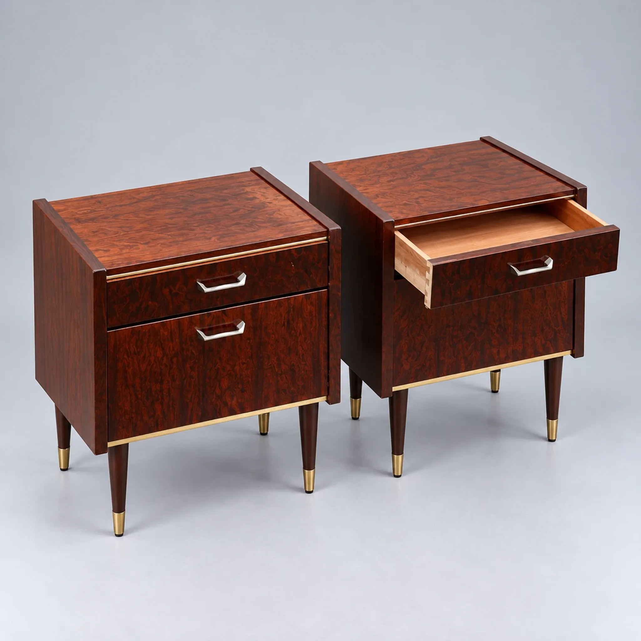 Set of 2 vintage design nightstands with brass details