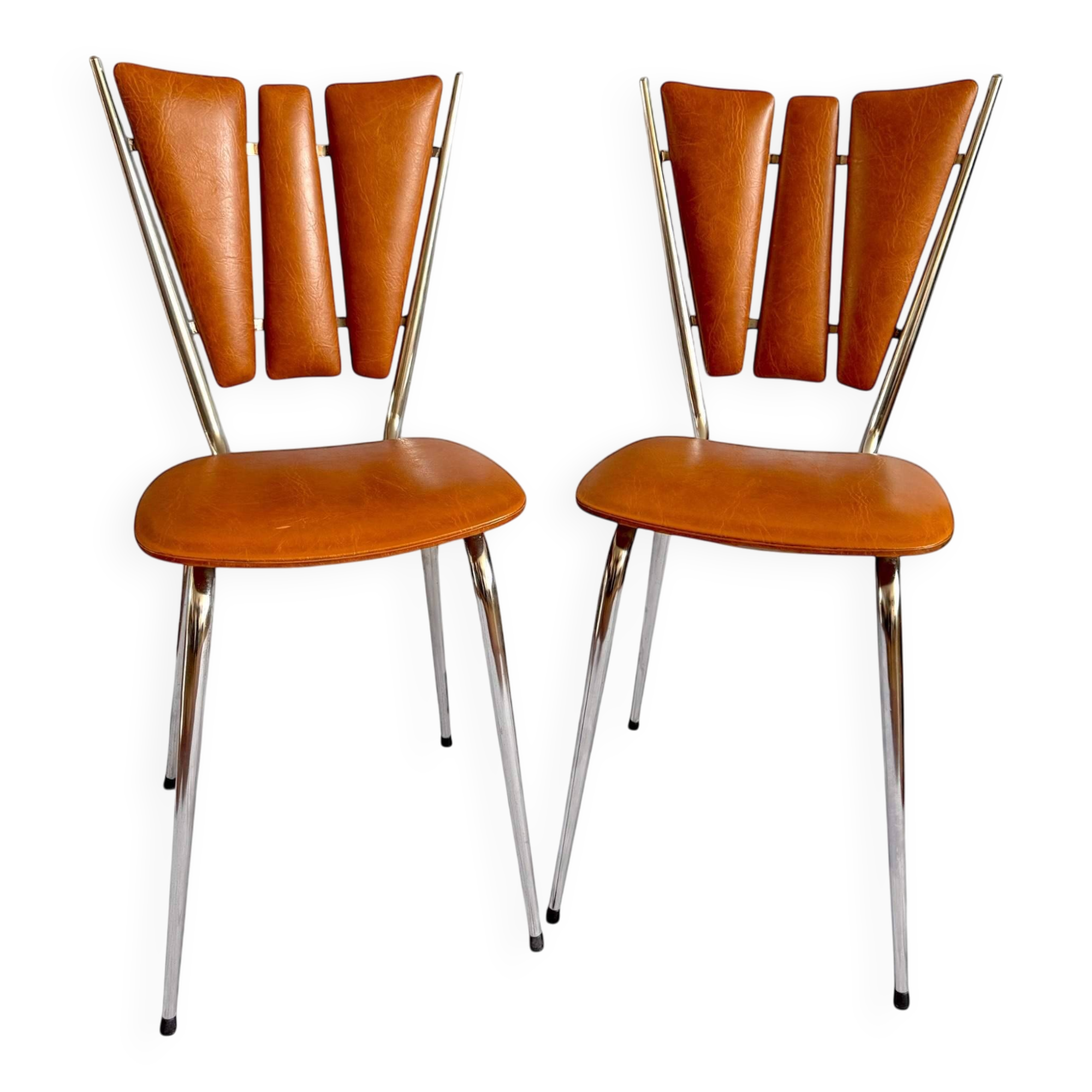 Pair of Tub Ménager vintage 70s petal chairs in brown leatherette and chrome
