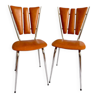 Paire chaises pétale Tub Ménager vintage 70s skaï brun & chrome