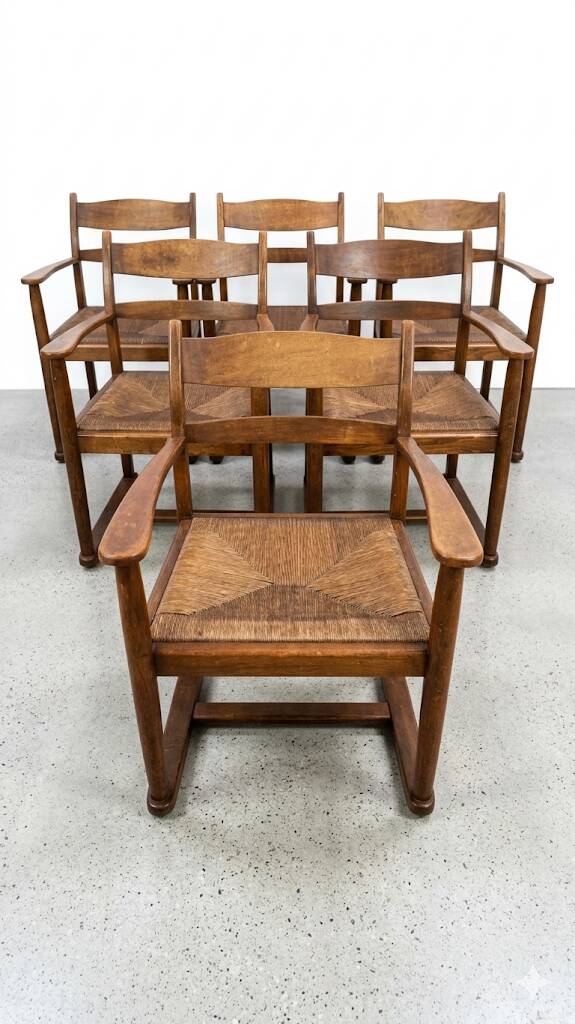 Set of 6 Brutalist dining chairs in Mid-century oak.