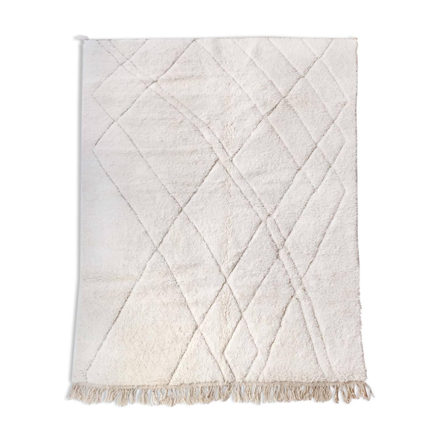 Tapis berbère marocain Beni Ouarain écru uni à losanges gravés 300x200cm