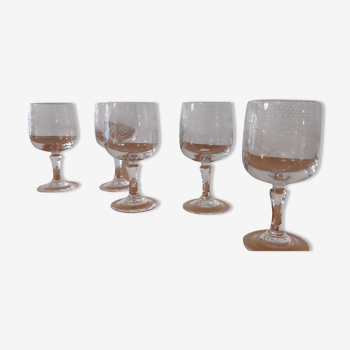 Set of 5 old port glasses with engraved crystal legs