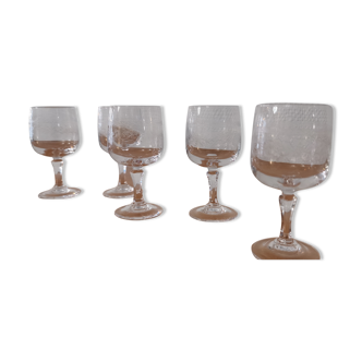 Set of 5 old port glasses with engraved crystal legs