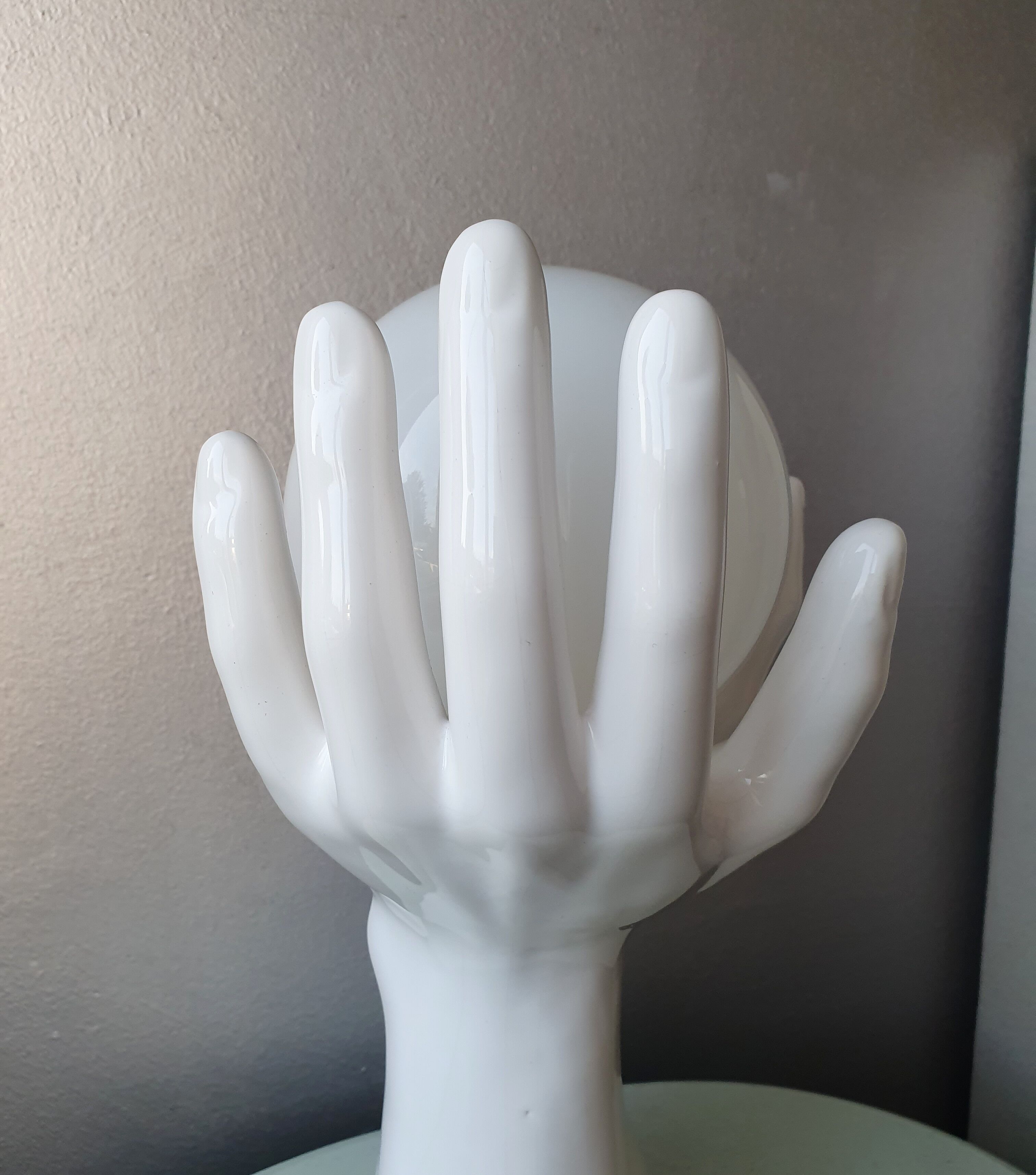 Italian design ceramic table lamp two hands and a glass sphere