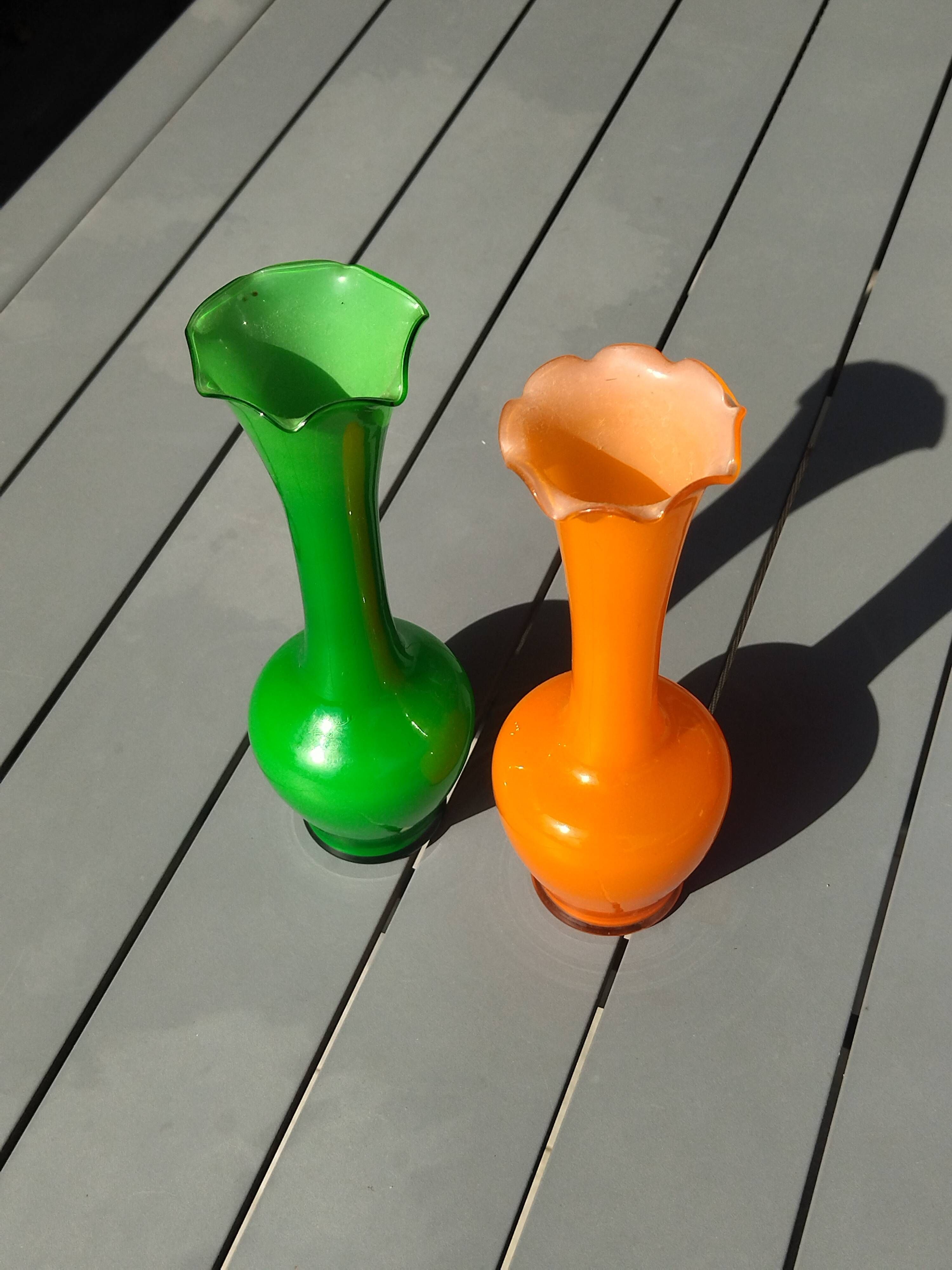 Pair of Vintage 70s Pop Art Opaline Vases – Green & Fluorescent Orange 20cm