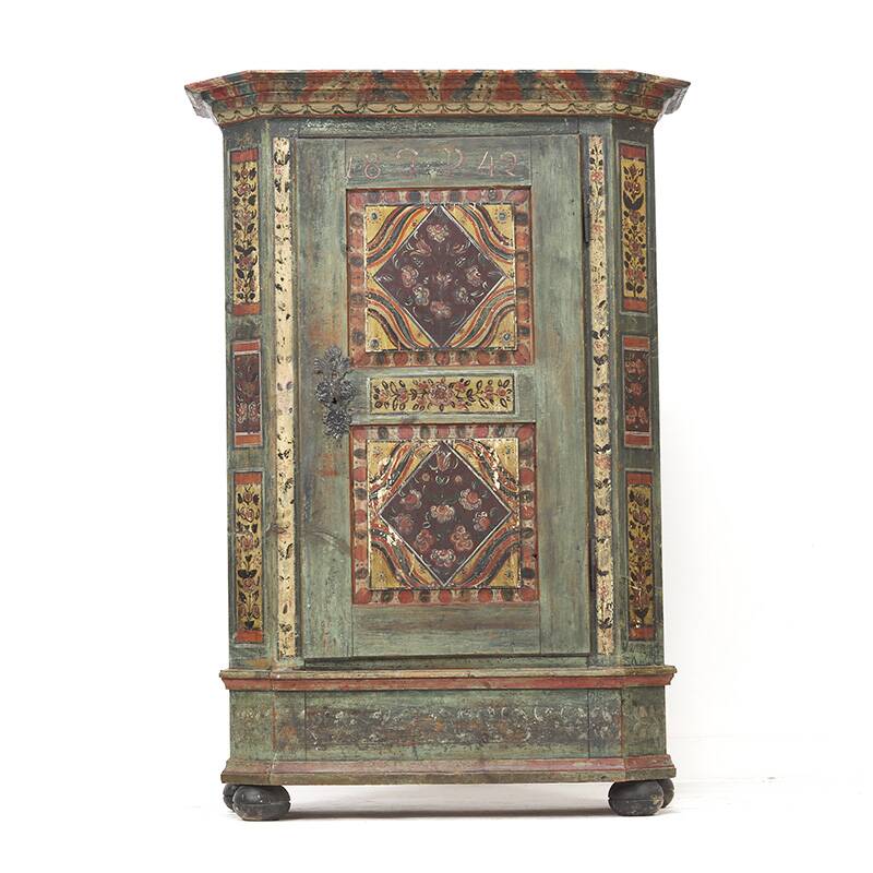 Antique Rustic Farmhouse Folk Art Painted Bridal Cabinet 1842
