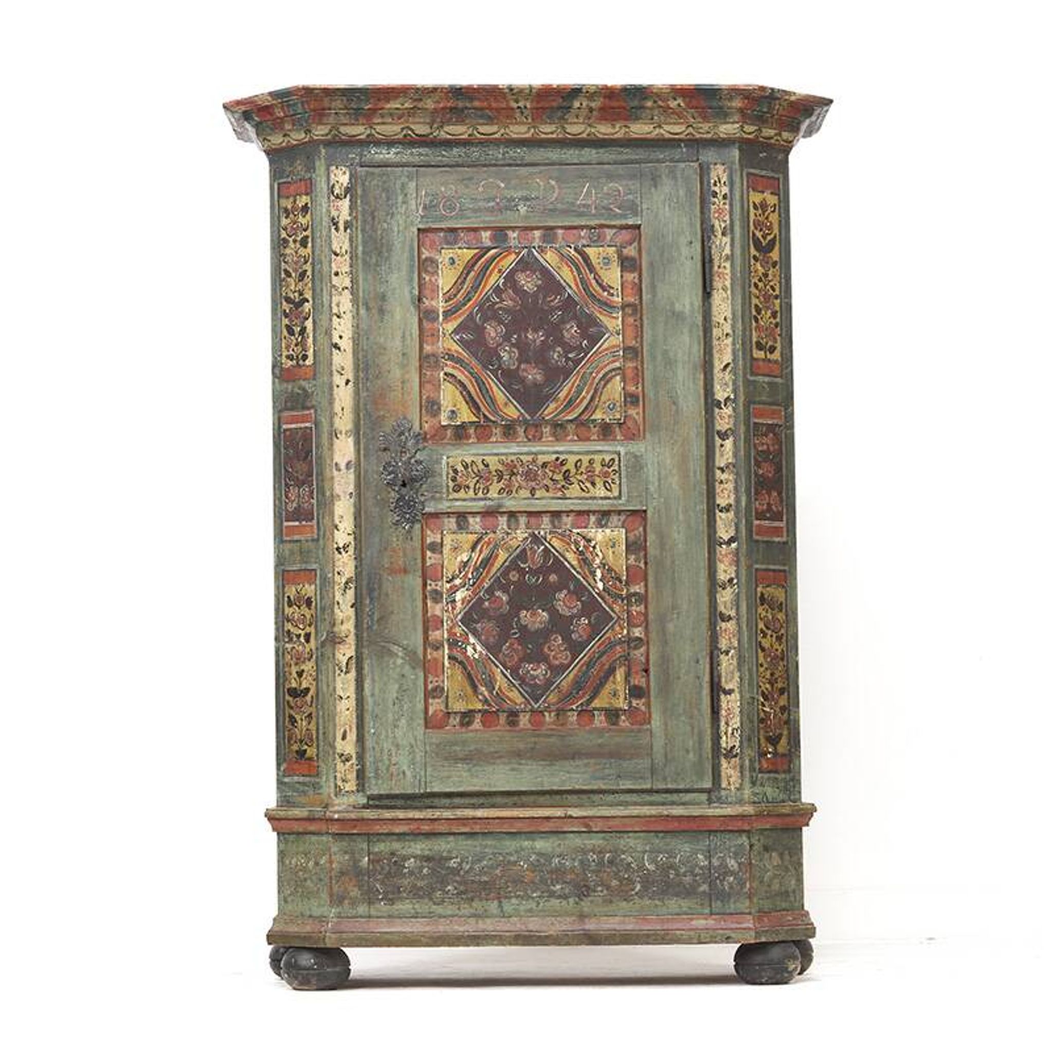 Antique Rustic Farmhouse Folk Art Painted Bridal Cabinet 1842