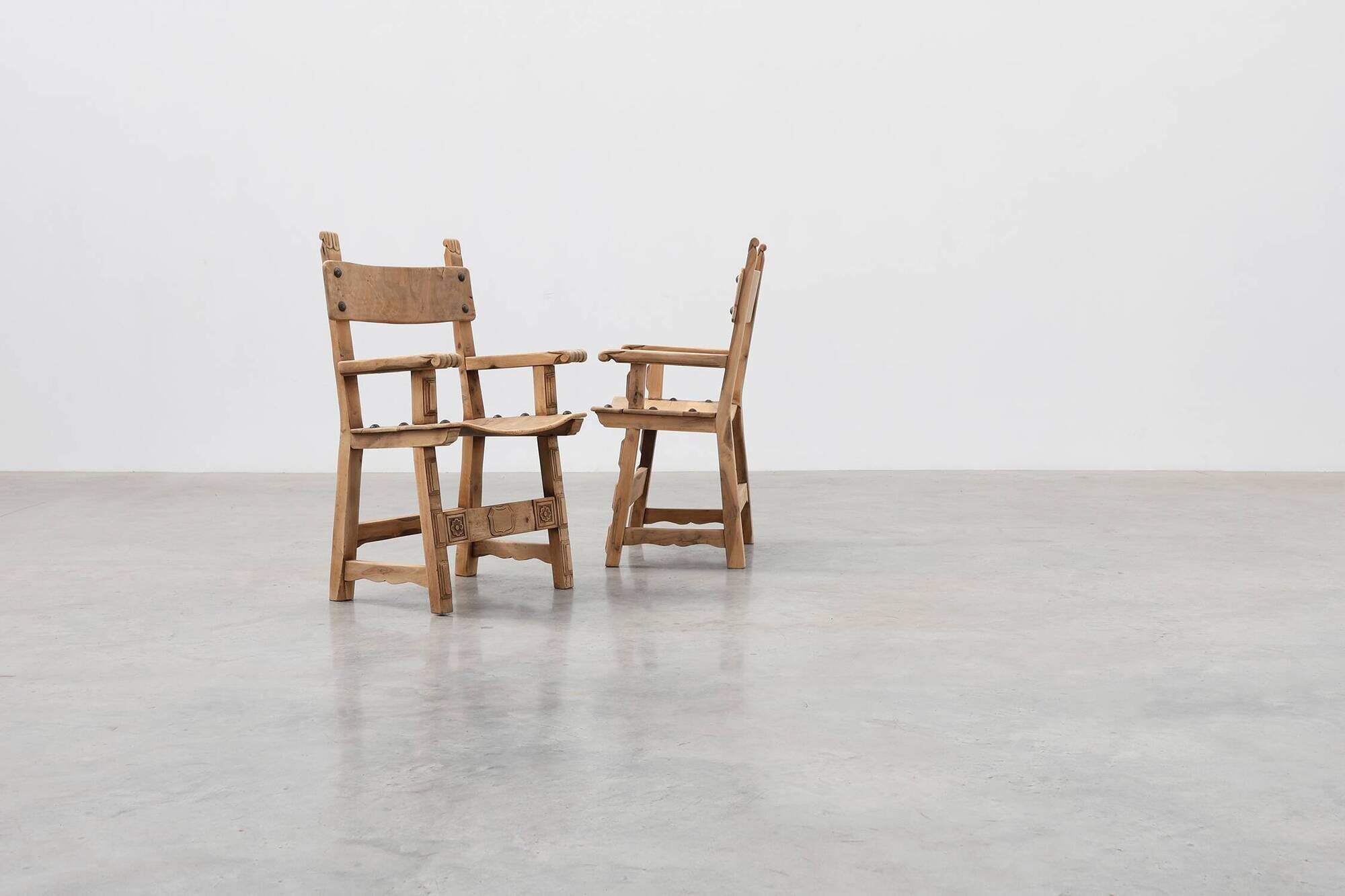 Pair of carved Brutalist Armchairs, Spain, 20th Century