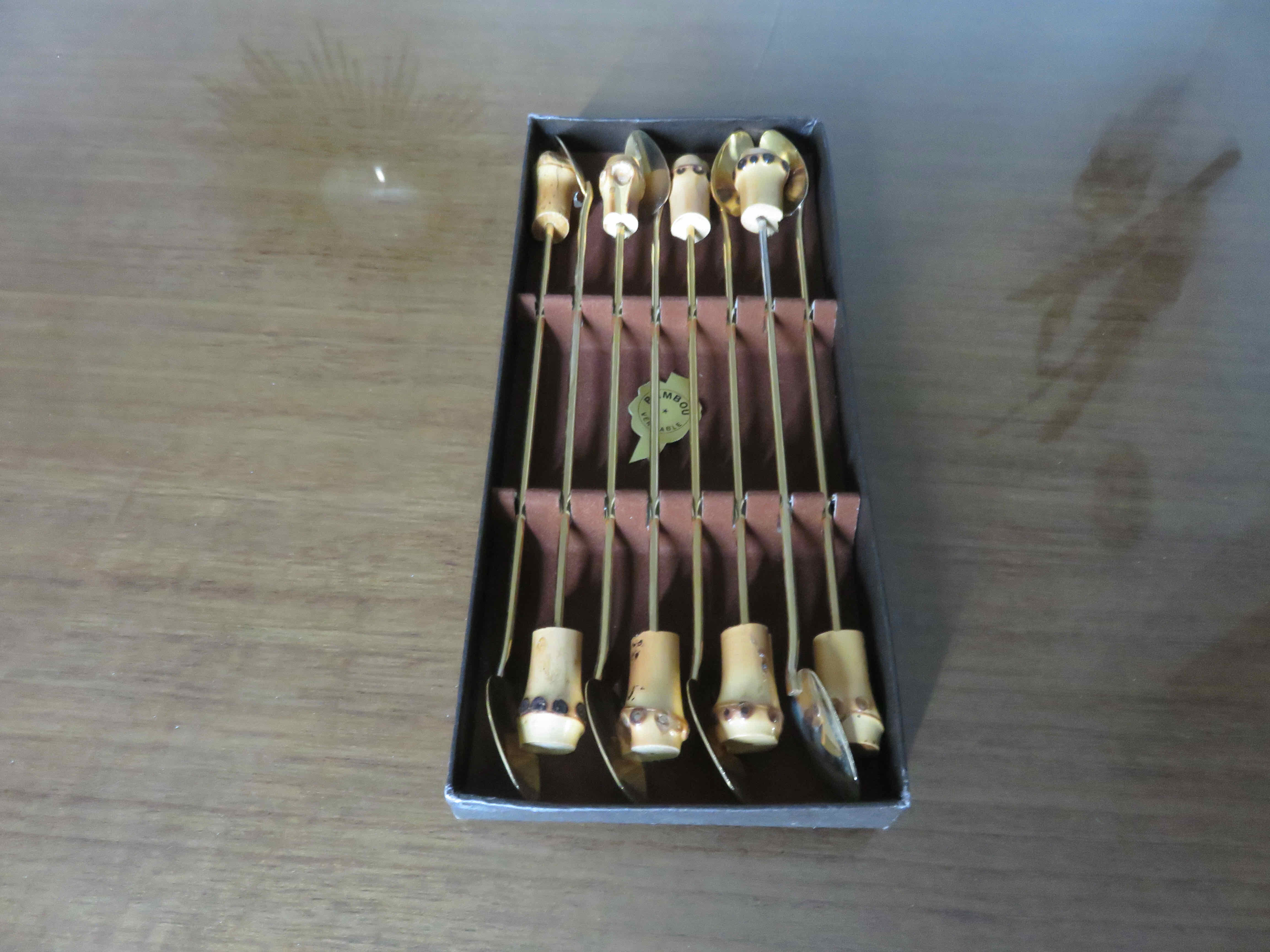 8 cocktail spoons bamboo sleeves gilded with gold late 50s 60s