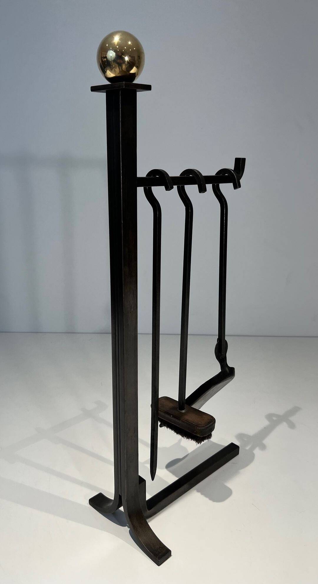 Modernist Fire Necessities in Steel and Brass with Hanging Tools, in the