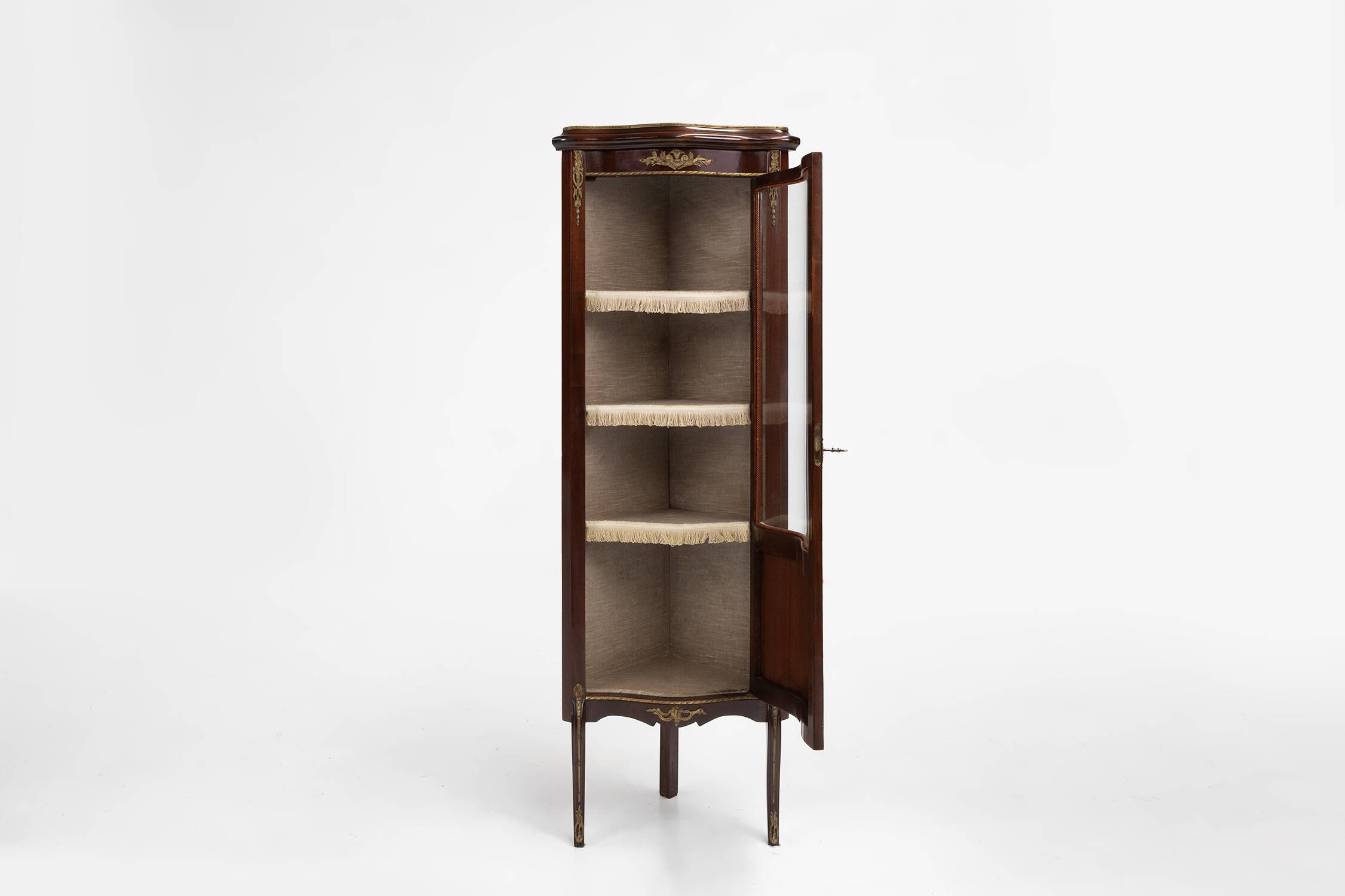 20th Century French Louis XV style corner display cabinet with arched glass, ca 1950