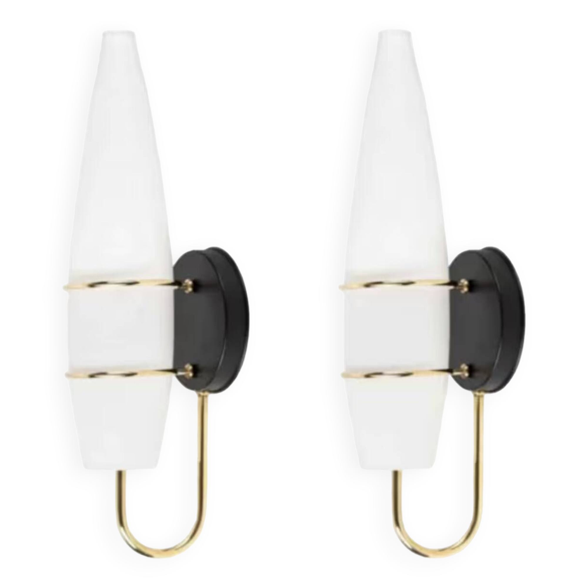 Pair of modernist wall lights in opaline brass white flame 1960 vintage minimalist