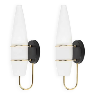 Pair of modernist wall lights in opaline brass white flame 1960 vintage minimalist