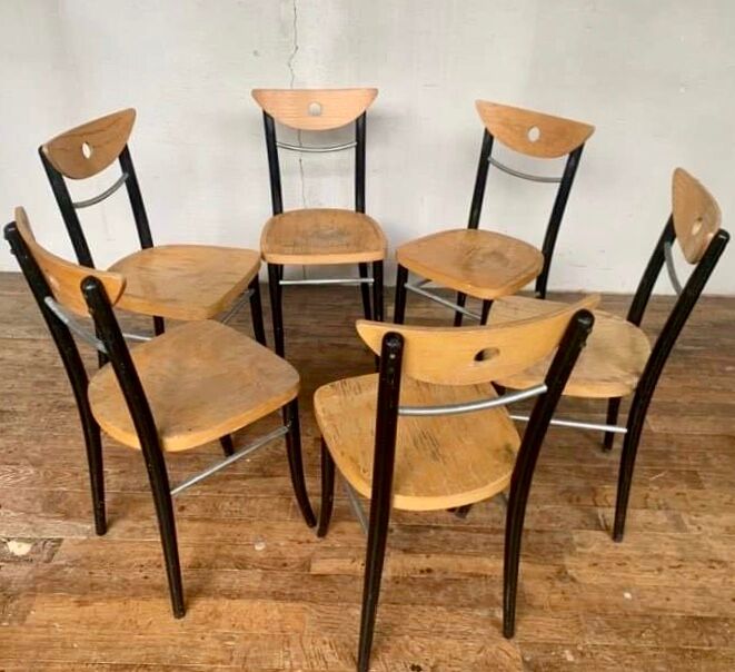 Series Set of 6 vintage bistro chairs in curved wood