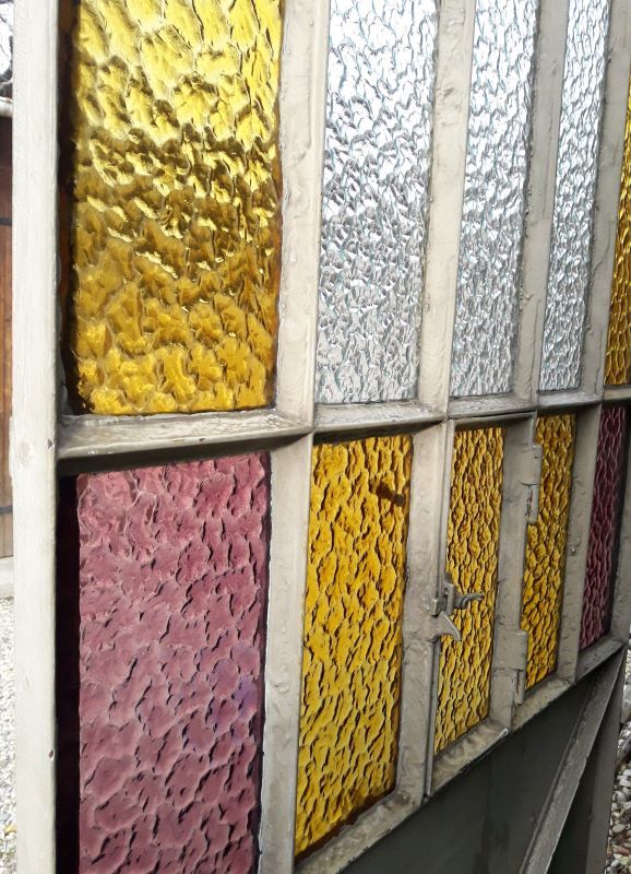 Workshop door 258.4x98.5cm in iron and colored cathedral glass