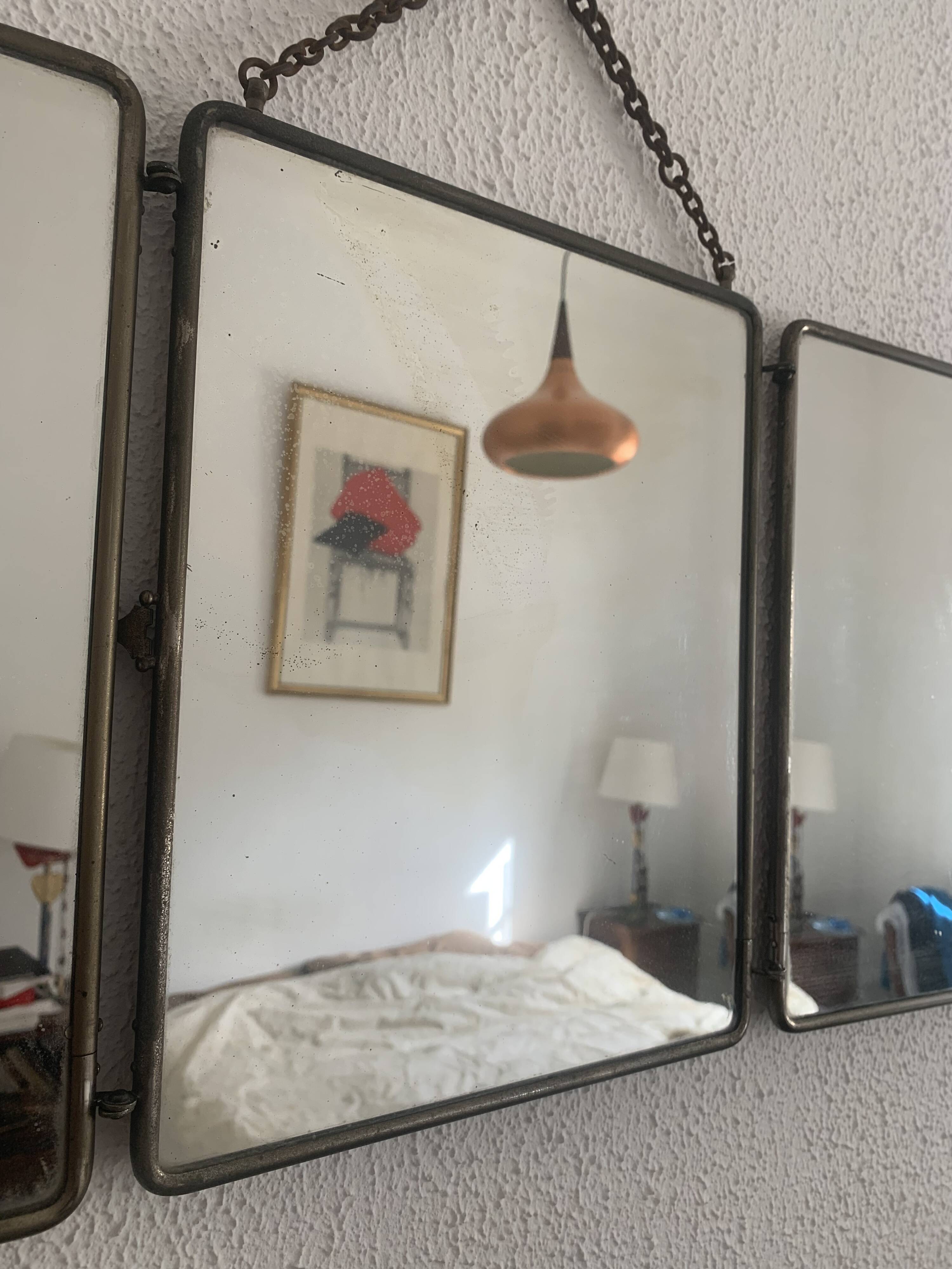 Vintage 1900 triptych mirror, old pink nickel-plated metal - 31 x 76 cm