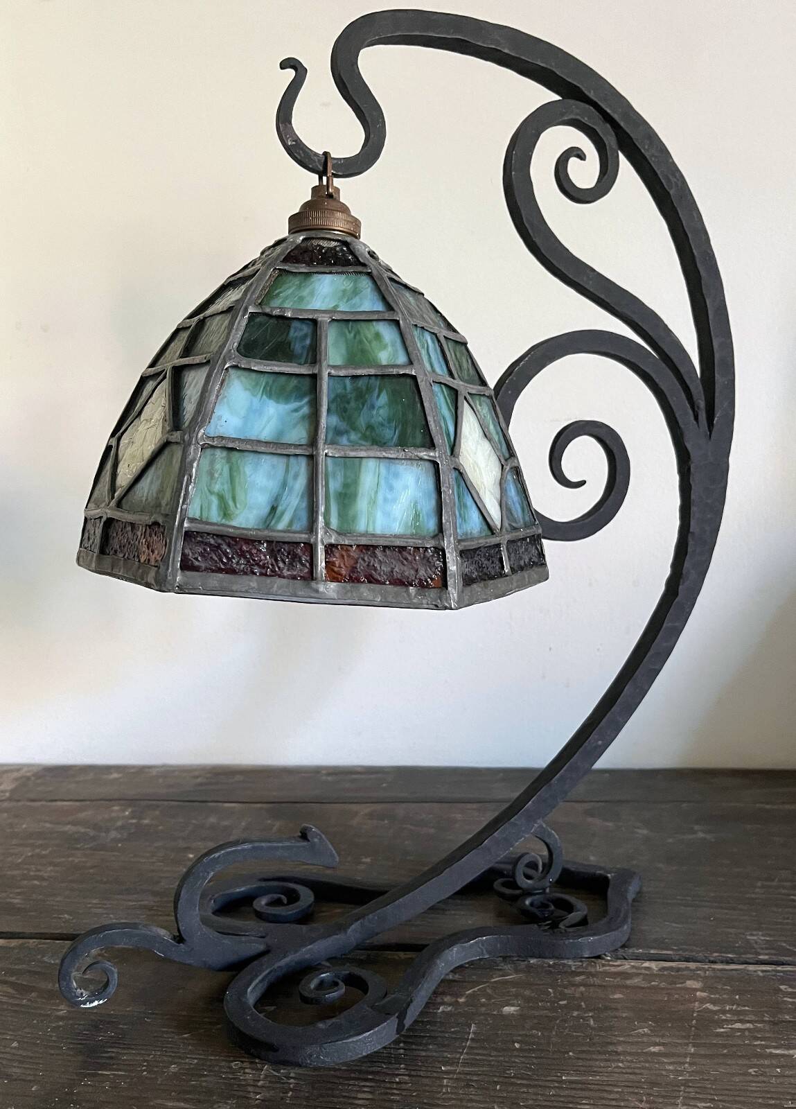 Antique Arts & Crafts Lamp cf. Tiffany Wrought iron and stained glass