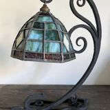 Antique Arts & Crafts Lamp cf. Tiffany Wrought iron and stained glass