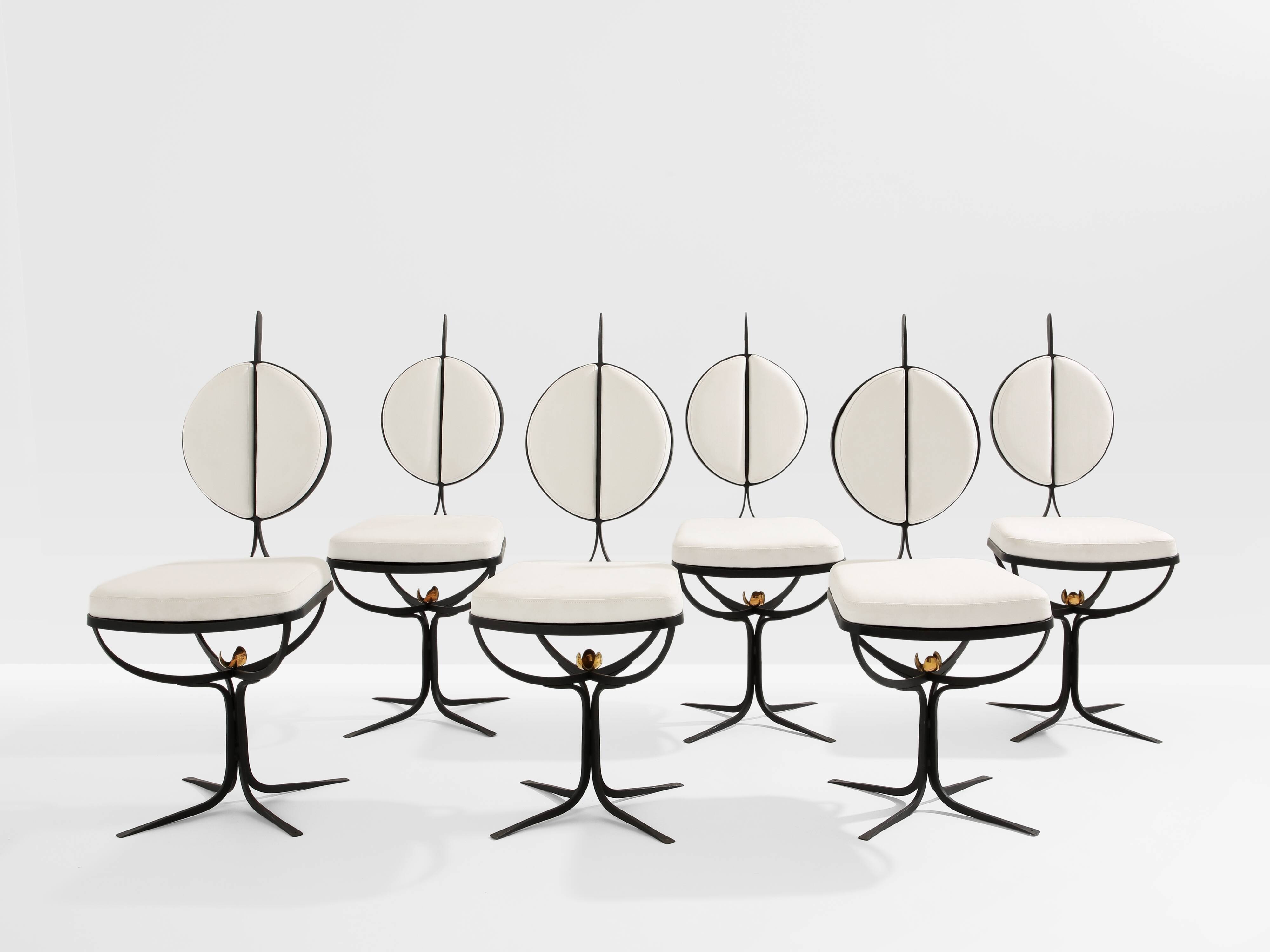 Set of 6 brutalist wrought iron and alcantara chairs from 1990.