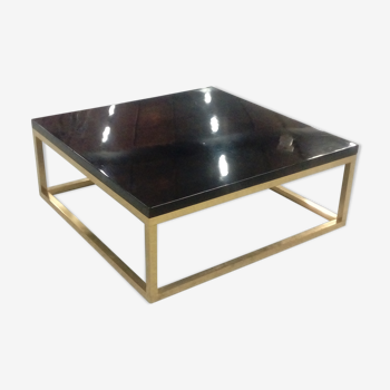 Table basse carrée bois laqué laiton 1970