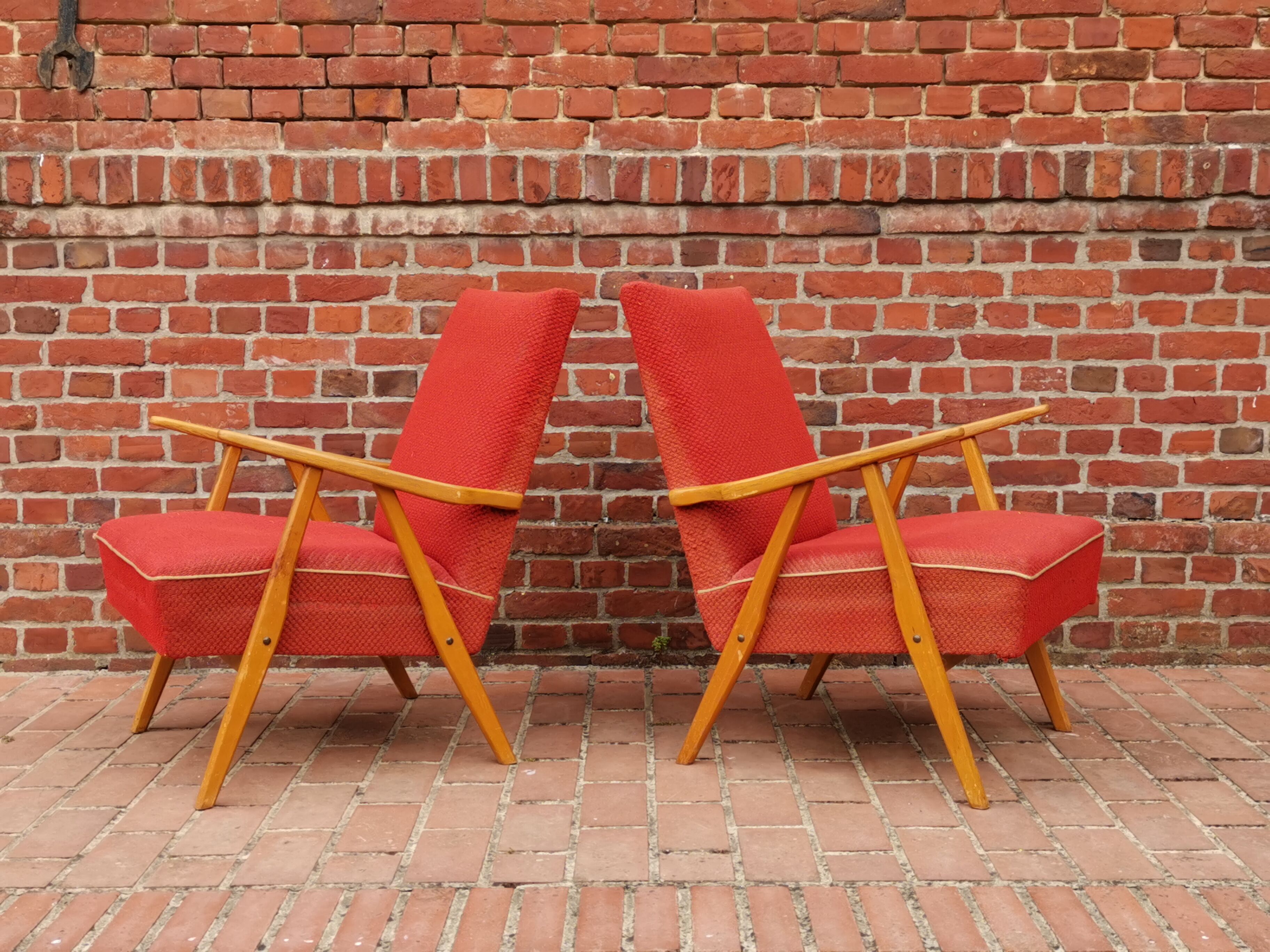 Pair of czechoslovak armchairs red compass feet annee 60