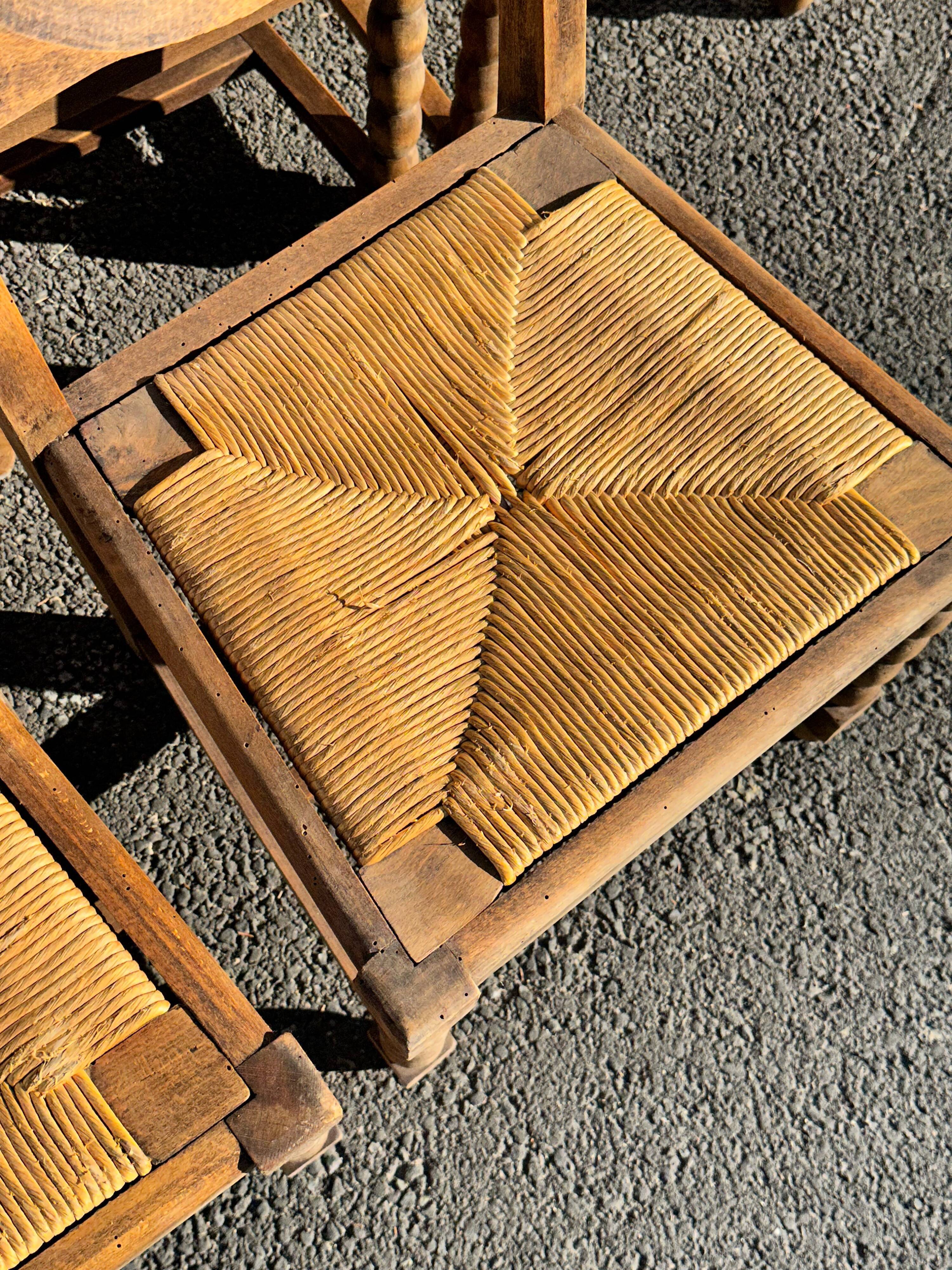6 rustic style chairs, wood and straw, 1940
