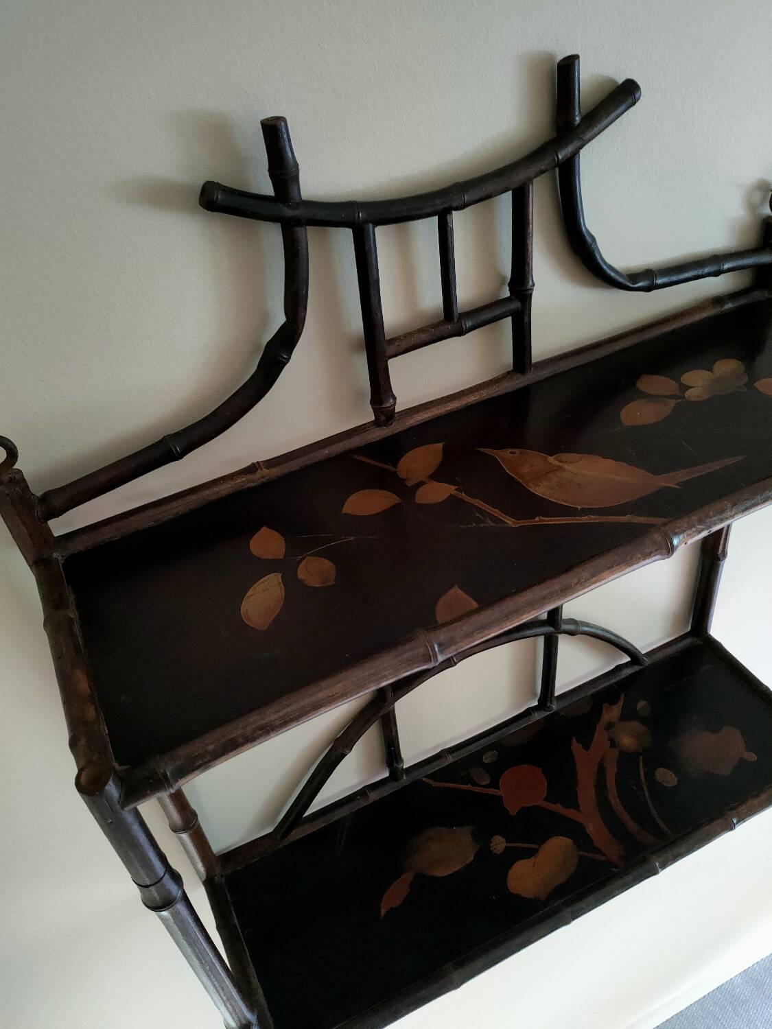 Antique bamboo and lacquer wall shelf