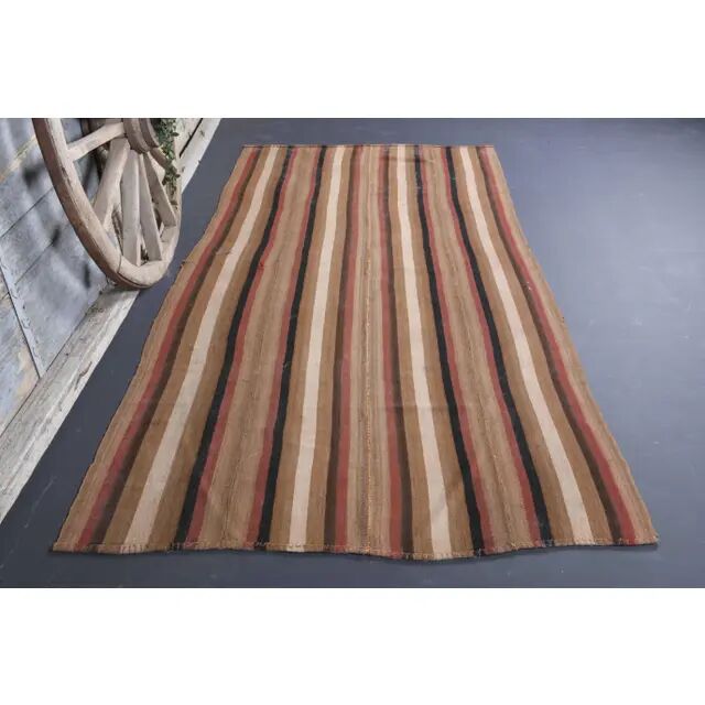 Vintage Turkish Hand-Knotted Wool Cotton Brown Kilim Runner 145x296