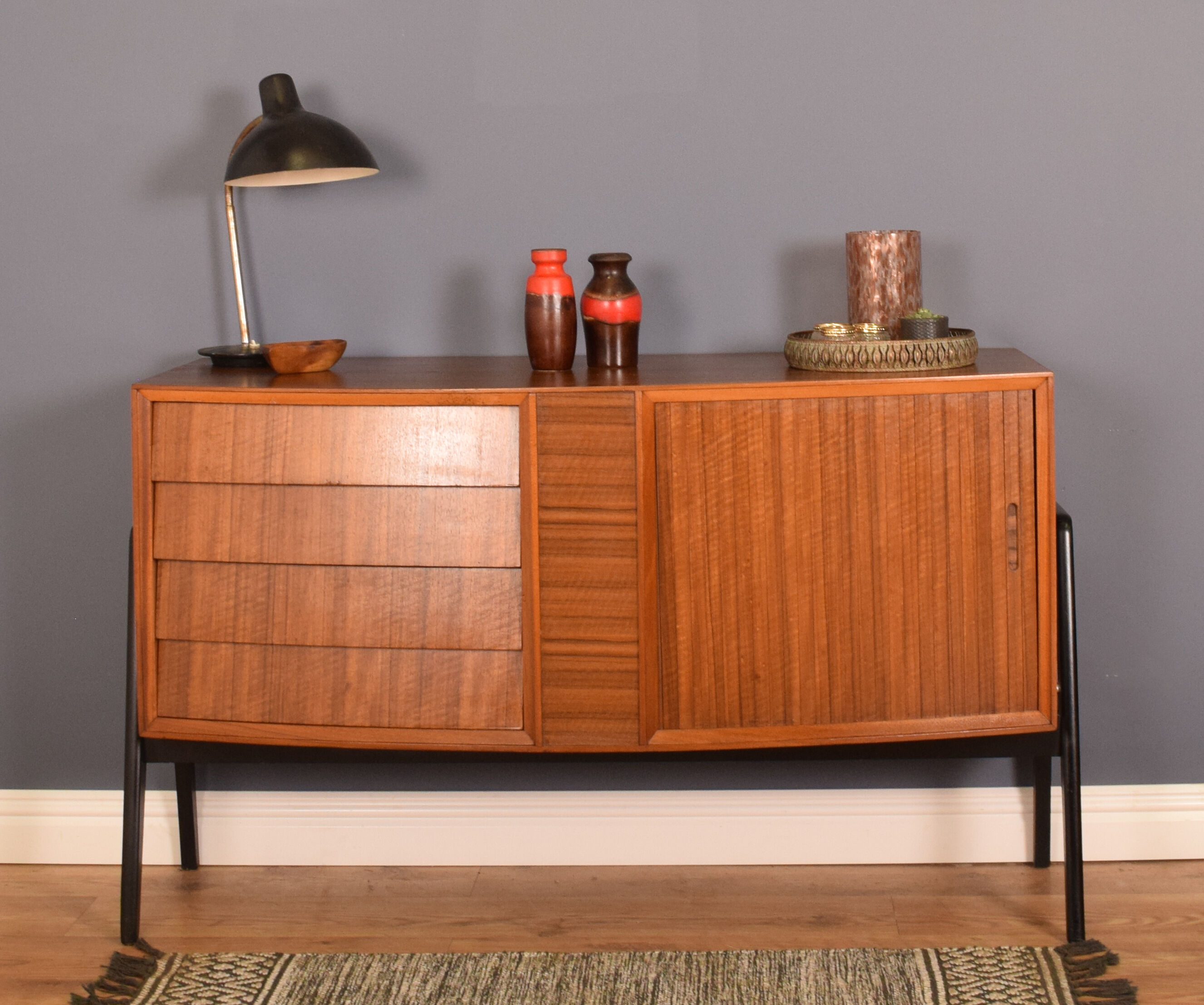 Restored Danish Style Walnut & Teak Sideboard With Tambour Doors