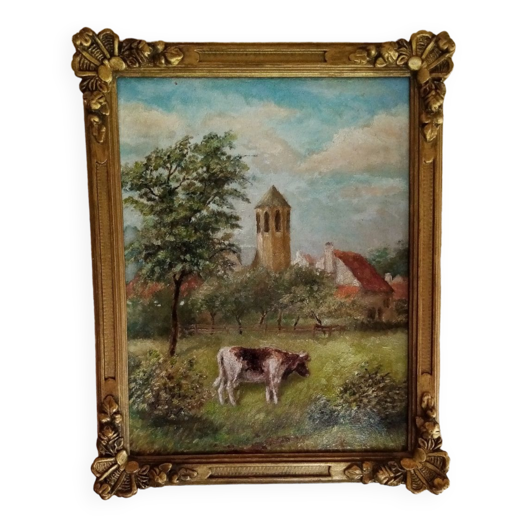 Oil painting on panel cow grazing