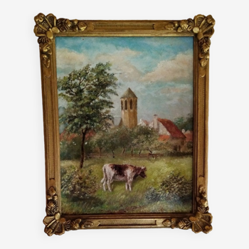 Oil painting on panel cow grazing