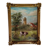 Oil painting on panel cow grazing