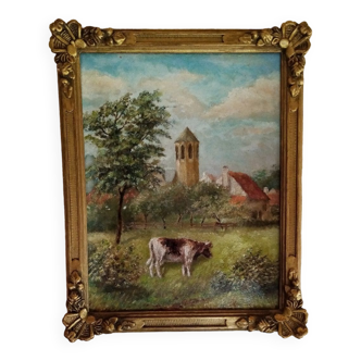 Oil painting on panel cow grazing