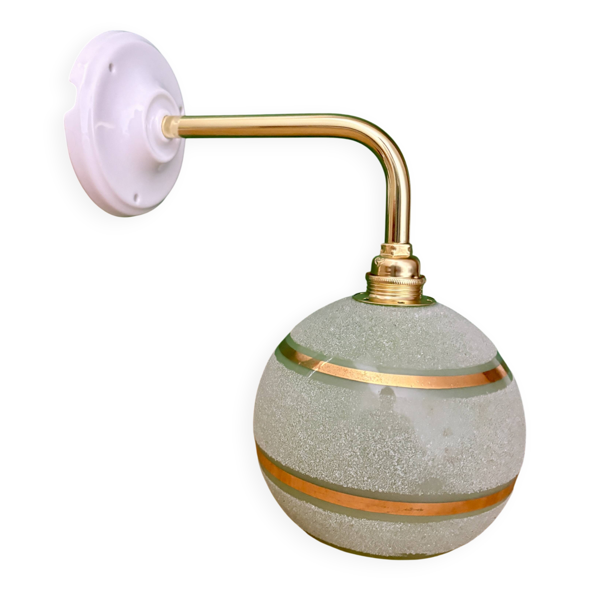 Applique globe vintage en verre granité vert et or