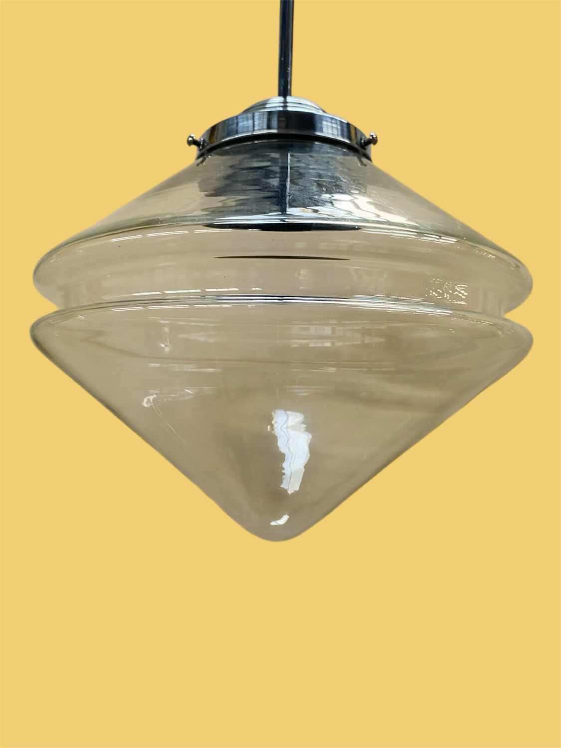 Chrome and transparent conical Art Deco pendant light from the 1930s.