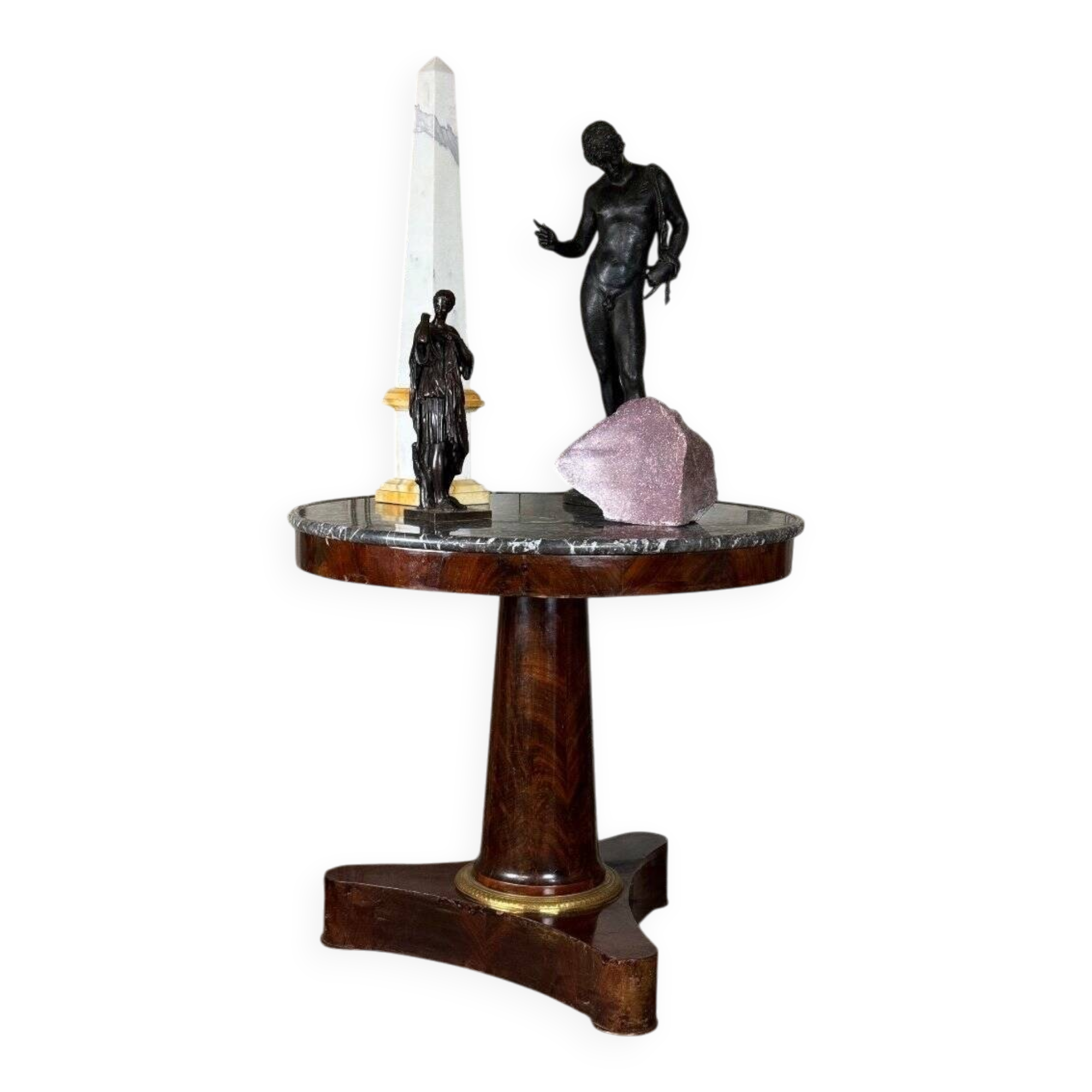 Empire style pedestal table in mahogany, gilt bronze, grey Saint Anne marble top, circa 1800